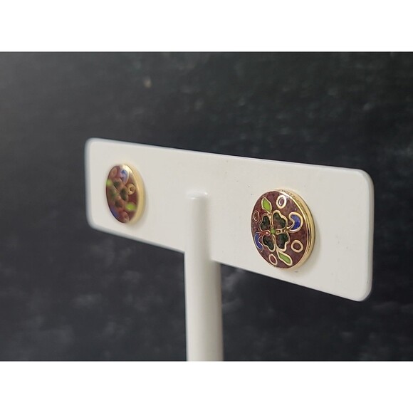 Cloisonne Enamel Floral Circular Stud Earrings Vintage, READ - Picture 6 of 10